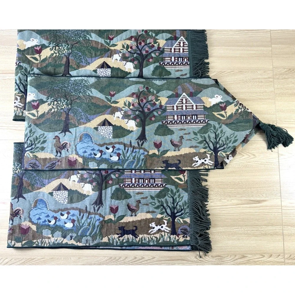 Green Tapestry Table Runner Fringed Tasseled Farm Life Animals Country 3 Pc